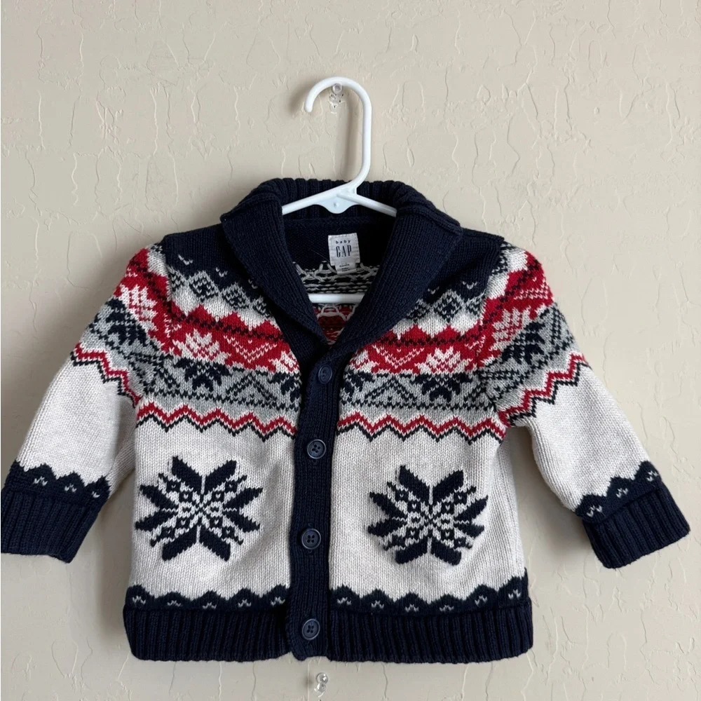 Baby GAP Fair Isle Intarsia Button Cardigan Blue Red White 6-12 months